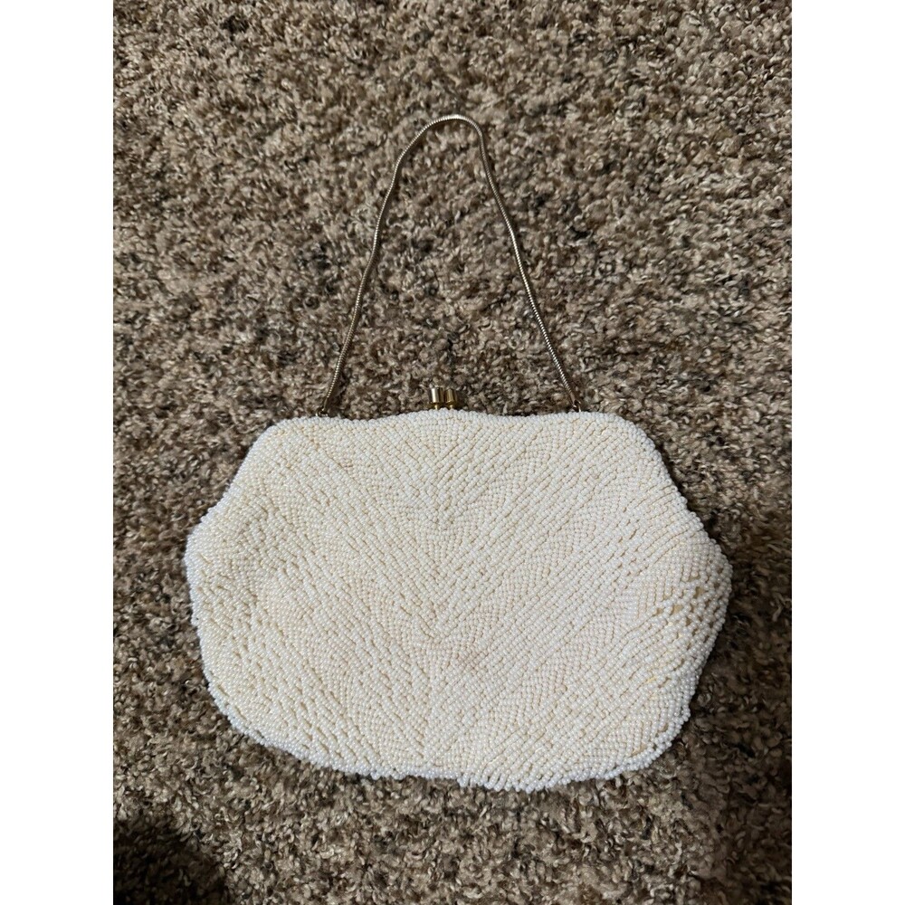 Vintage La Regale Hand Beaded Evening Bag Ivory White Clutch Purse Hong Kong